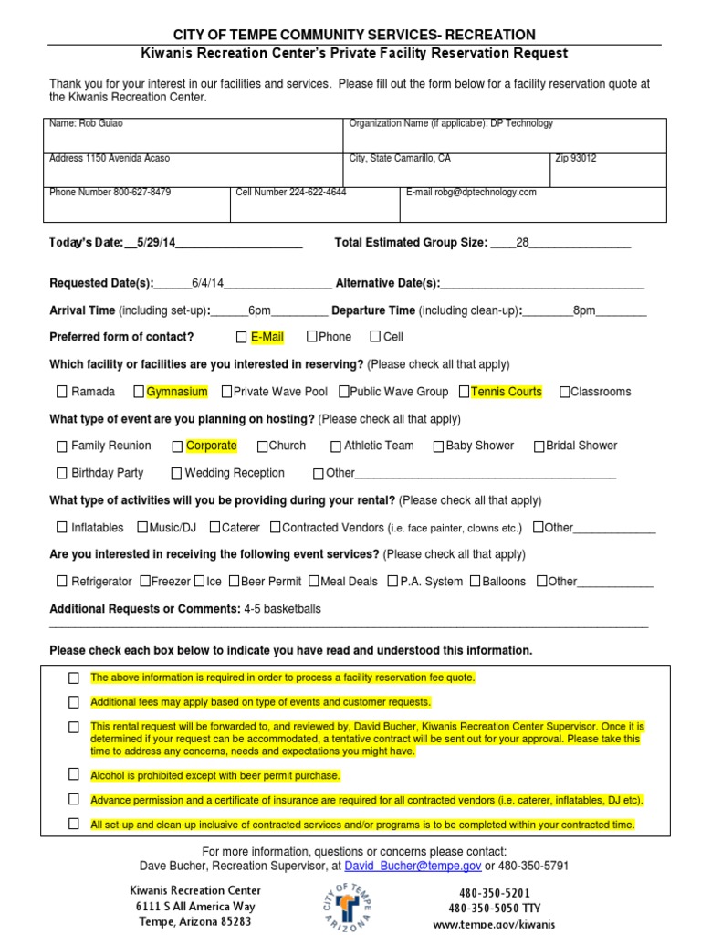 Kiwanis Recreation Center Reservation Form | PDF | Recreation | Business