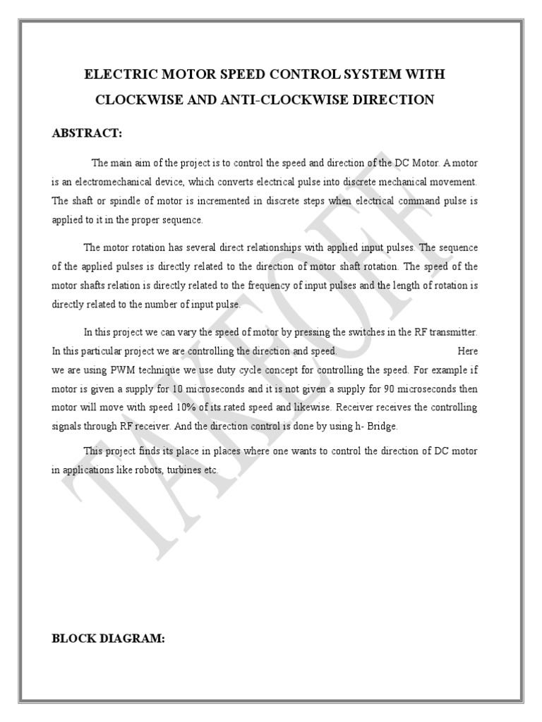 Electric Motor Speed Control System With Clockwise and AntiClockwise