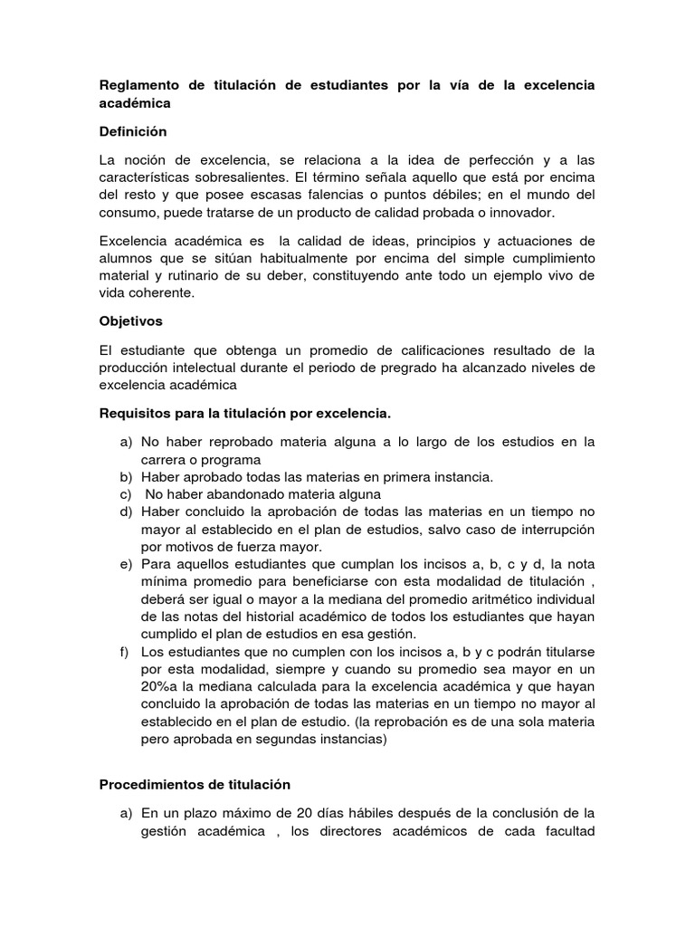Reglamento De Titulacion De Estudiantes Por La Via De La Excelencia Academica Definicion Plan De Estudios Negocios