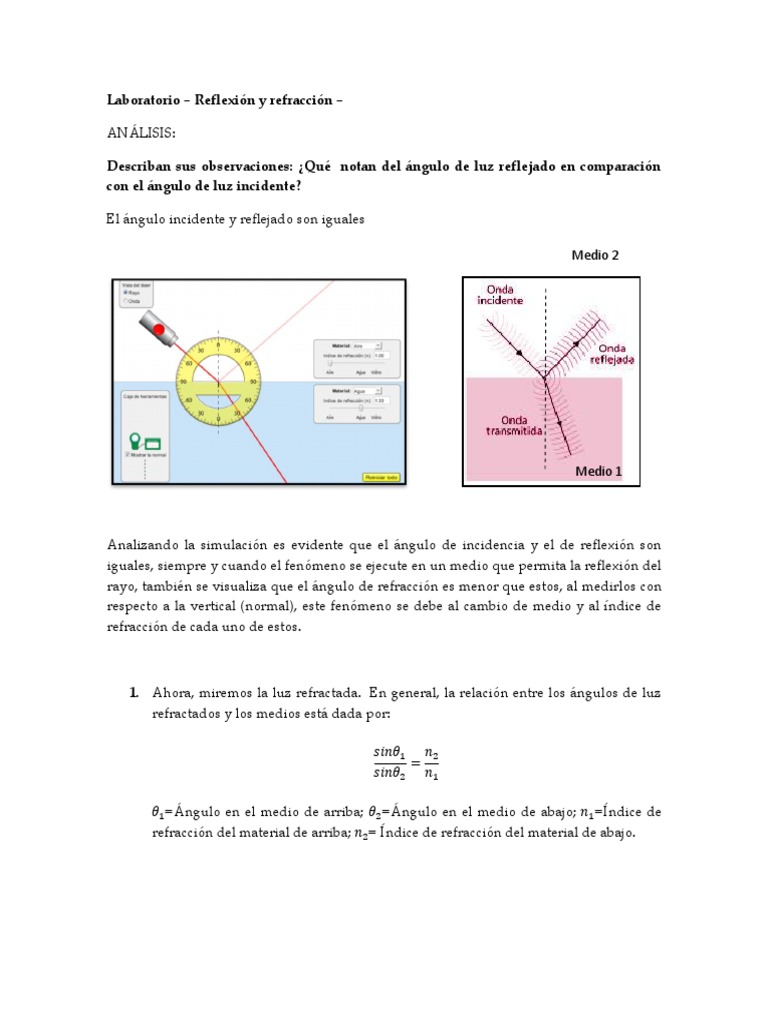 Refracciòn y Reflexion de La Luz Lab. | PDF | Refracción | Ligero