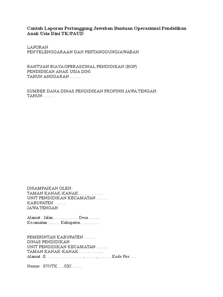 Contoh Laporan Pertanggung Jawaban Bantuan Operasional Pendidikan Anak Usia Dini Tk