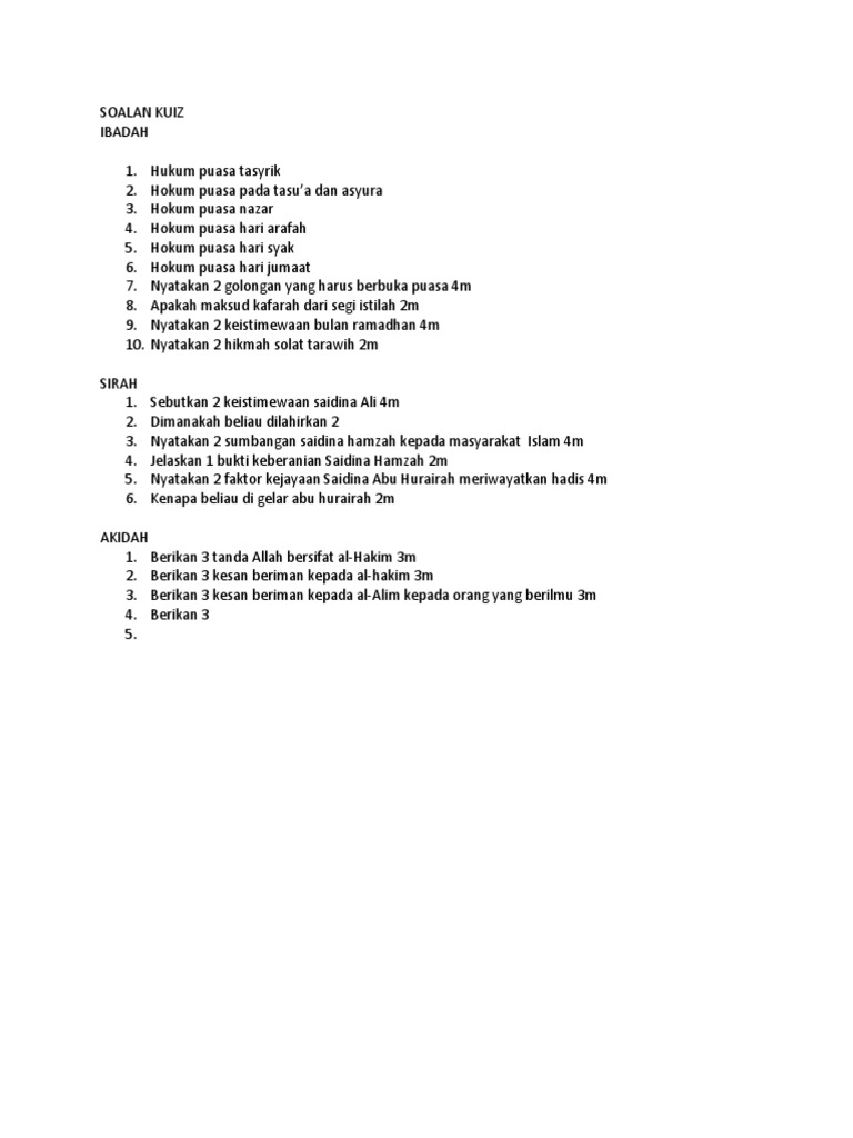 Kuiz Pendidikan Islam Tingkatan 2
