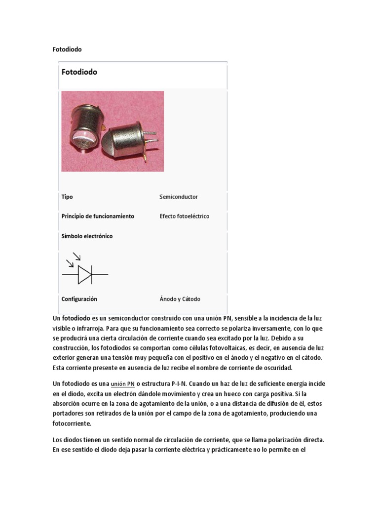 Fotodiodo, Varistor, Diodo PIN y Diodo Zener PDF Diodo Electrónica