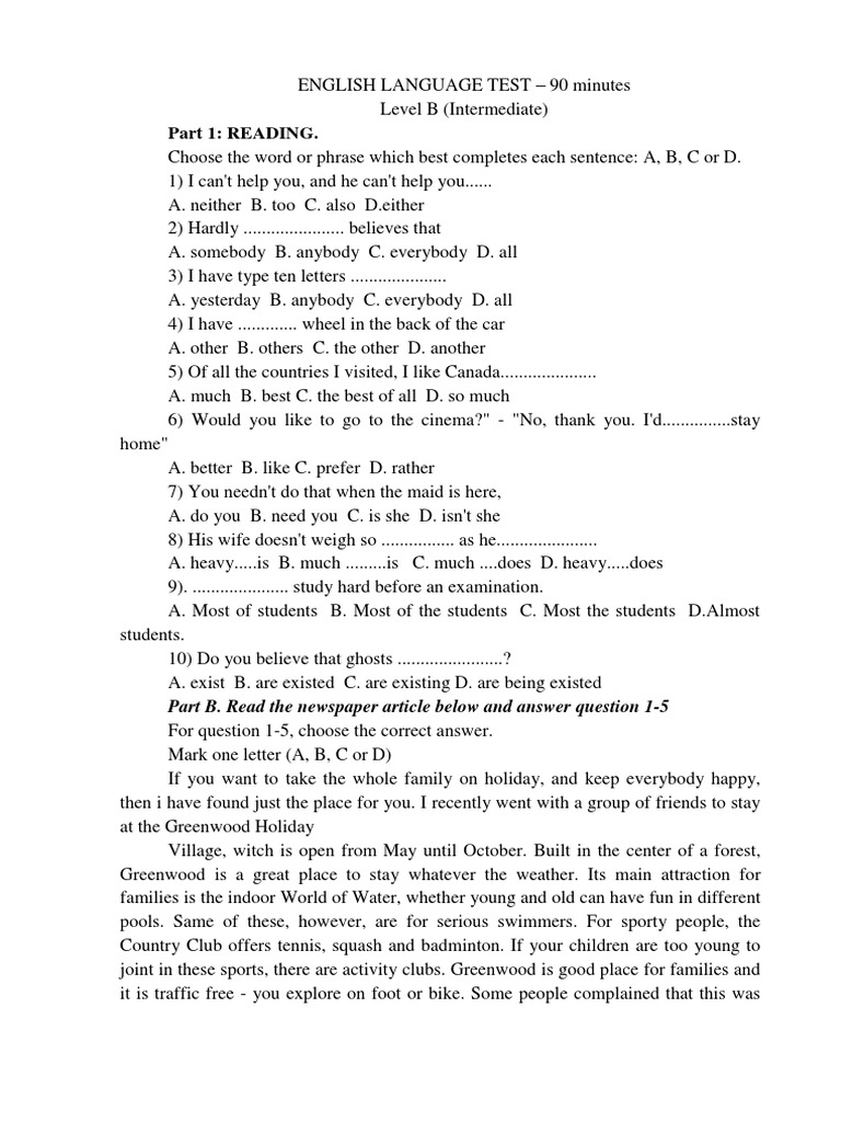 English Language Test for B Level | PDF | Languages