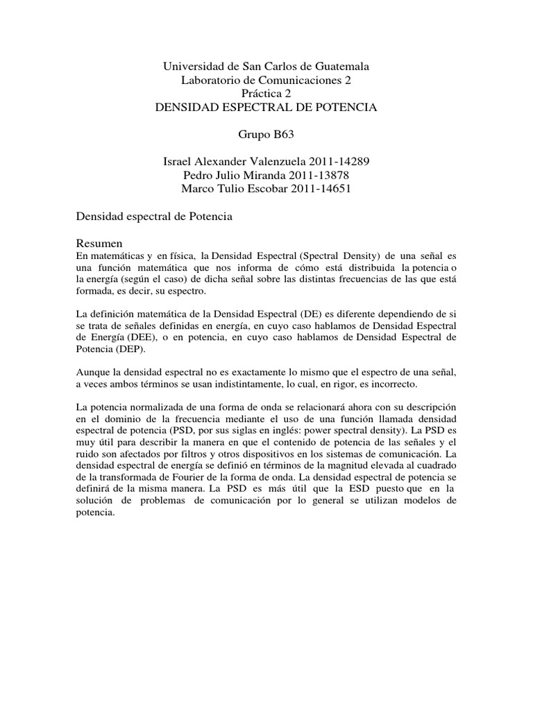 Densidad Espectral de Potencia en Señales | PDF | Densidad espectral ...