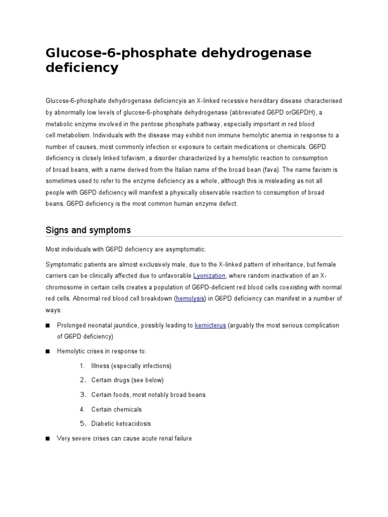 Glucose 6 Phosphate Dehydrogenase Deficiency | PDF | Diseases And ...