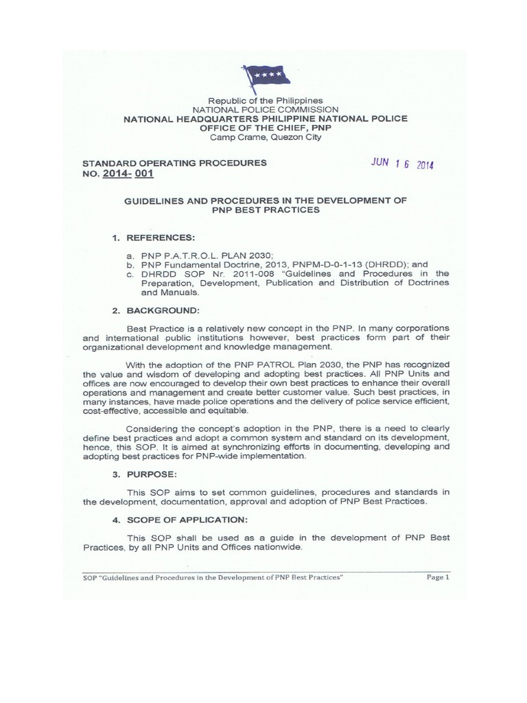 SOP 2014-001 Guidelines in The Development of PNP Best Practices | PDF