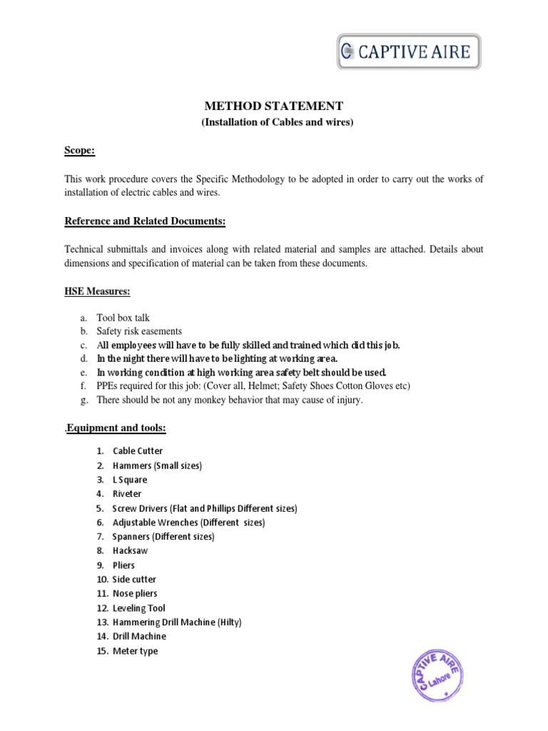 Cable Installation Method Statement | PDF | Electrical Wiring | Cable