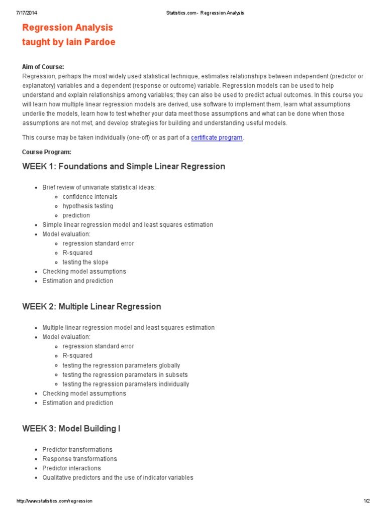 Regression Analysis Course by Iain Pardoe | PDF