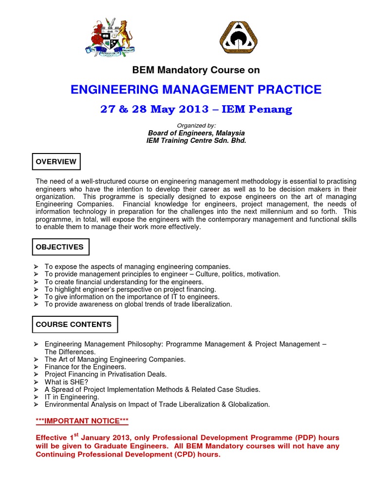2013 - May - IEM Penang - BEM Engineering Management Practice - 27 & 28 ...