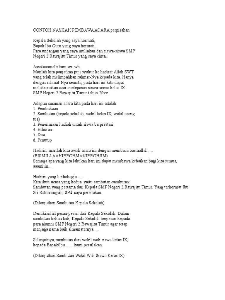 Contoh Naskah Pembawa Acara Perpisahan