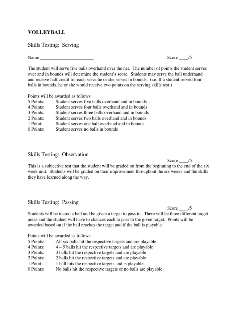 Volleyball Skills Test | PDF | Volleyball | Sports Rules And Regulations