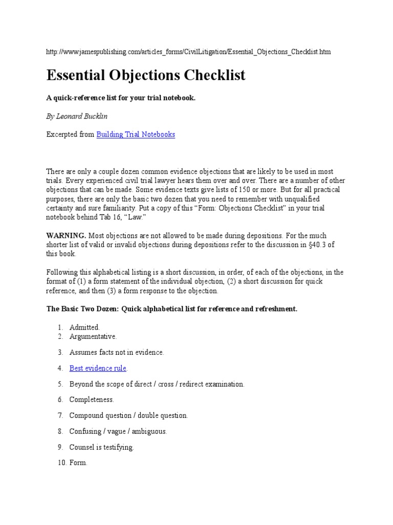 Essential Objection Checklist | PDF | Hearsay | Evidence (Law)