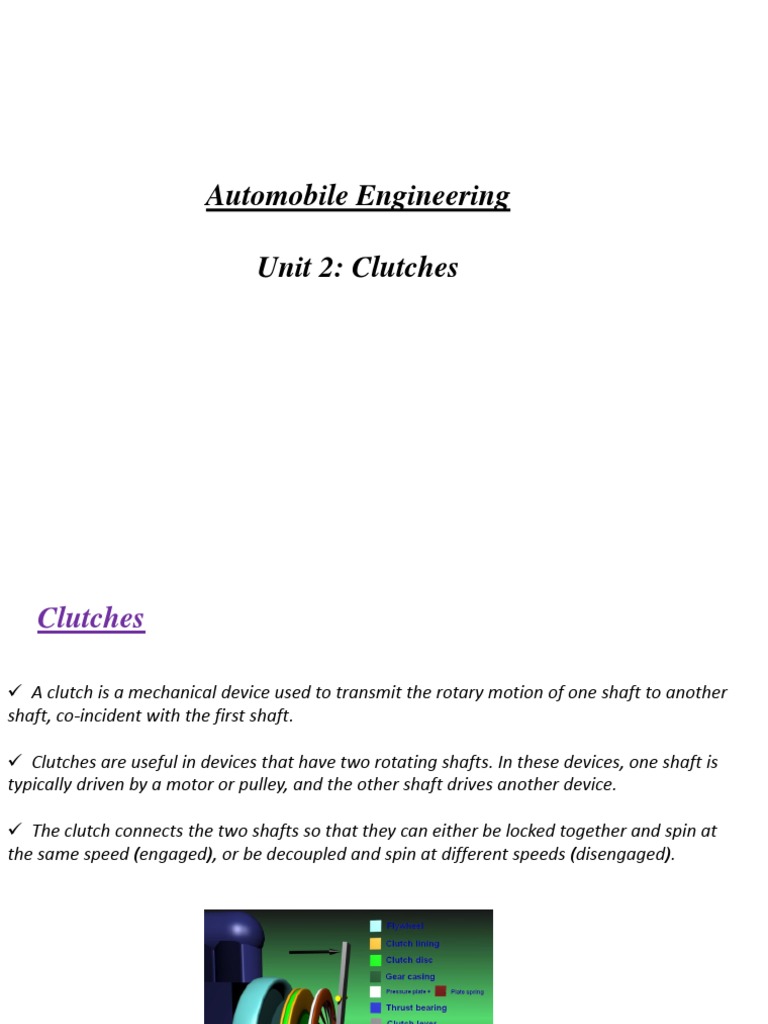 Automobile Engineering Unit 2 Clutches PDF Clutch Vehicle Technology