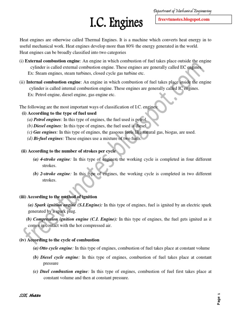Classification and Working Principles of Internal Combustion Engines