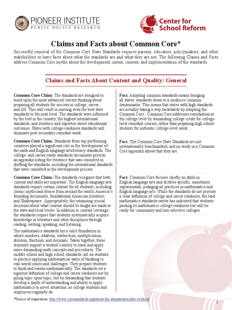 Common Core Standards: Claims vs. Facts | PDF | Common Core State ...