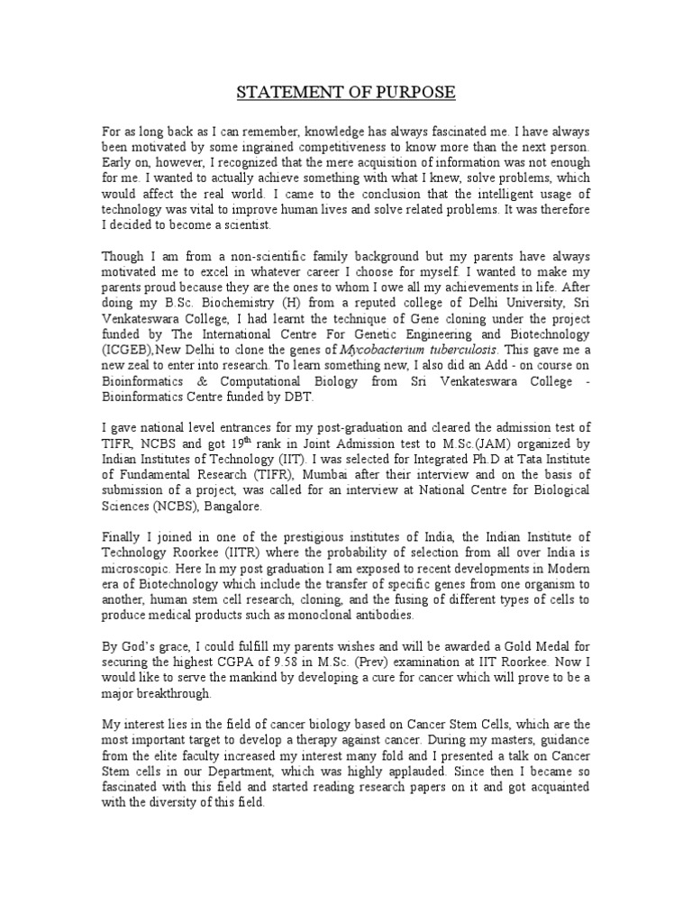 Statement of Purpose Life Sciences Organisms