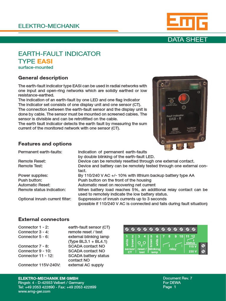 EASI Earth Fault Indicator Data Sheet | PDF | Electrical Connector ...
