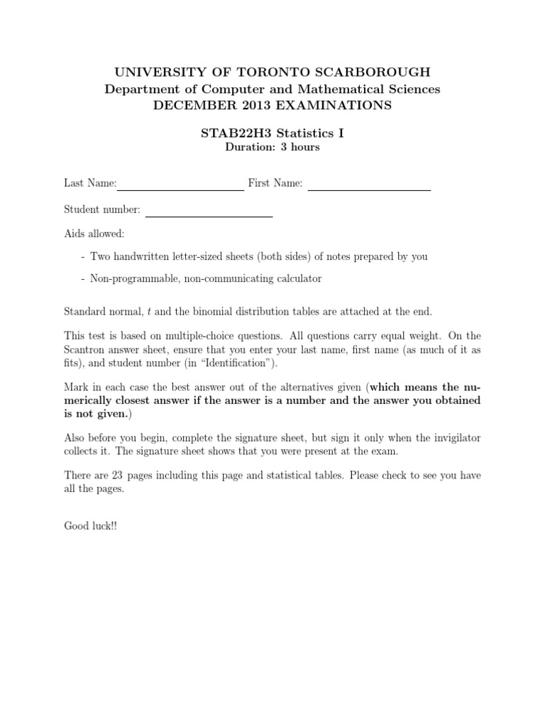 STAB22 Final Exam December 2013 | PDF | Errors And Residuals | P Value