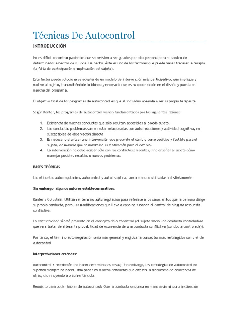 Técnicas de Autocontrol y Entrenamiento | PDF
