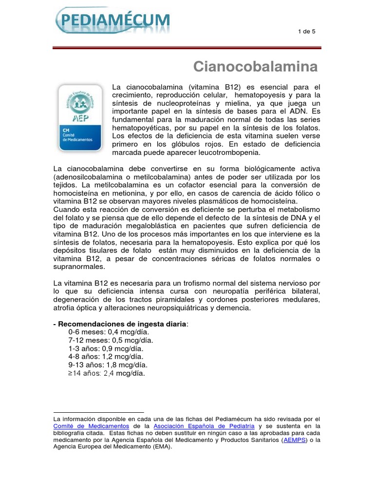 Cianocobalamina PDF | PDF | Ácido fólico | Dieta y nutrición