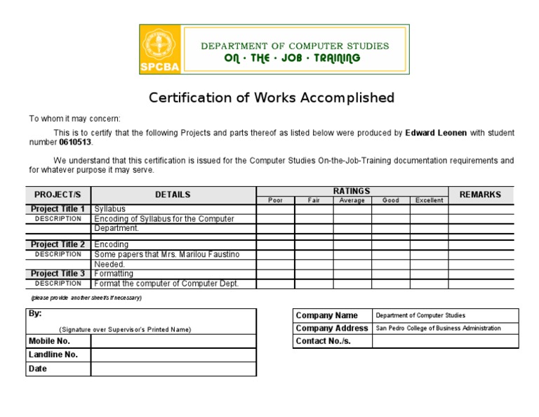 Dcs Certifiation of Work Accomplished | PDF | Computers