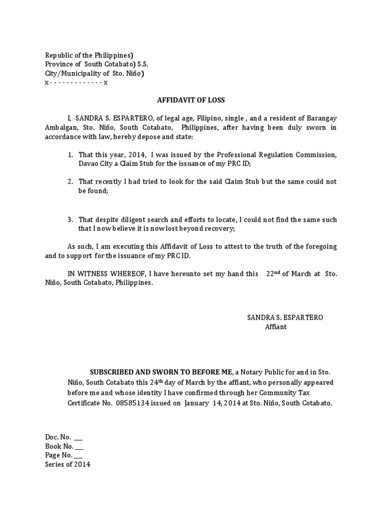 Affidavit of Lost Claim Stub Affidavit of Lost Claim Stub