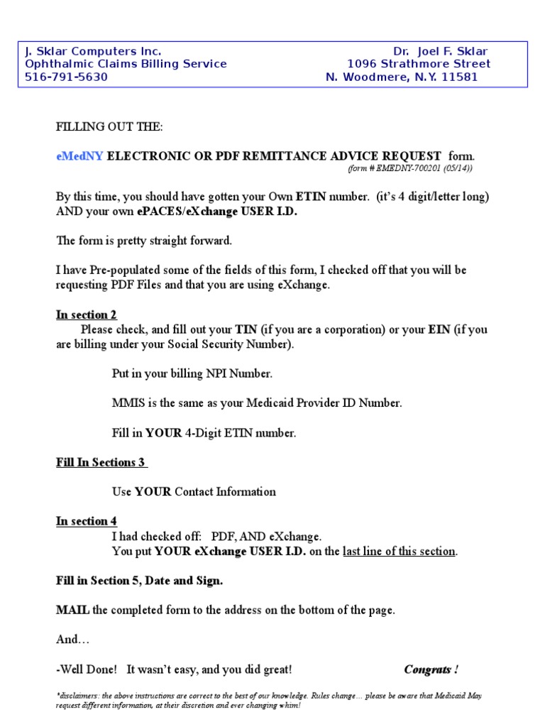 Electronic or PDF Remittance Advice Request Form Instructions | PDF