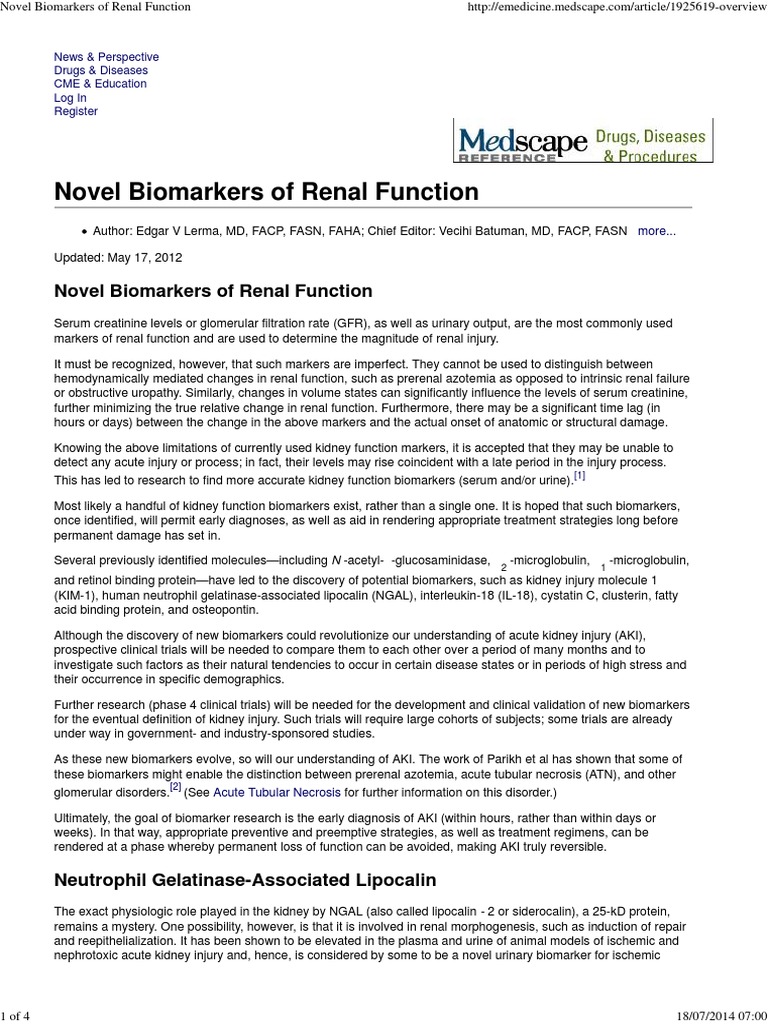 Novel Biomarkers of Renal Function | PDF | Renal Function | Health Sciences