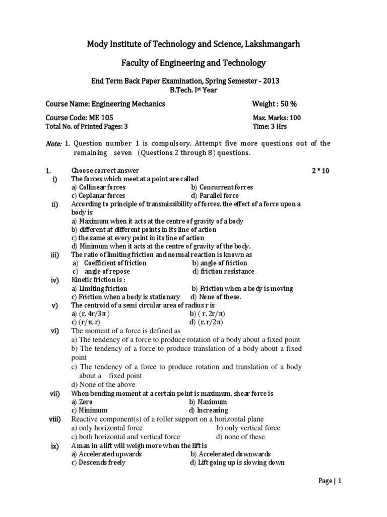 End Term-BACK Paper-Mech. - Spring 2013 | PDF