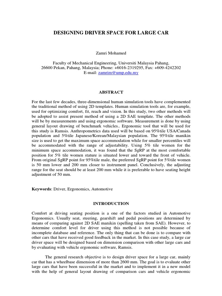 Designing Driver Space for Large Cars | PDF | Simulation | Human ...