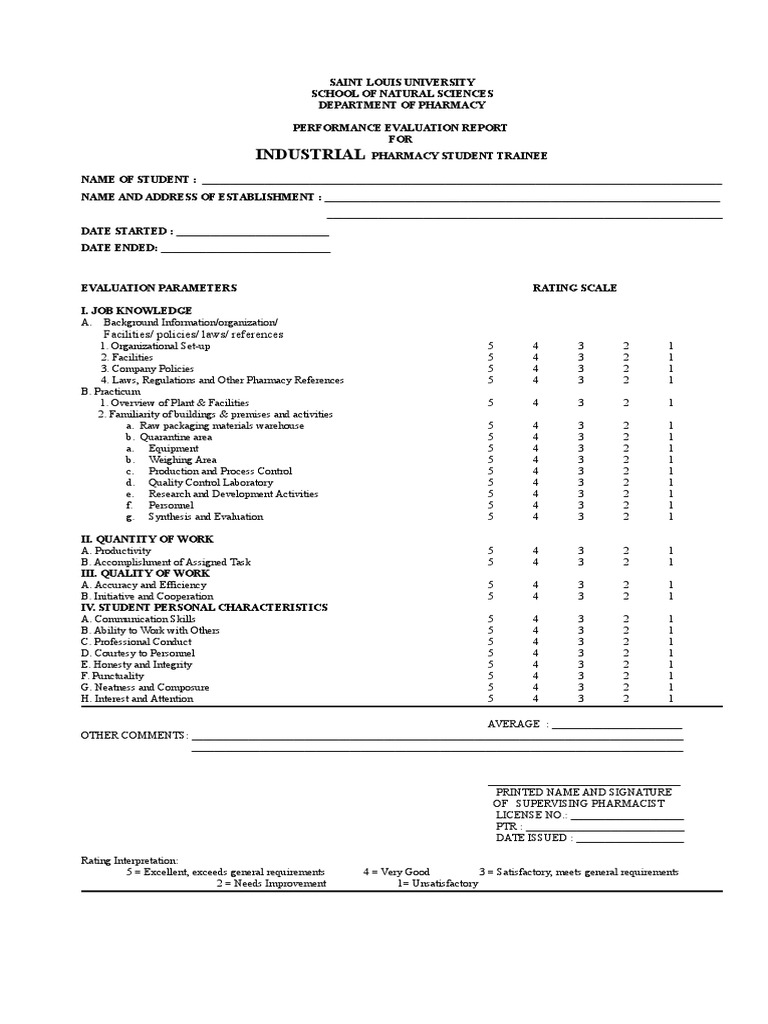 Performance Evaluation For Pharmacy Internship-1 | Pharmacy | Medical ...