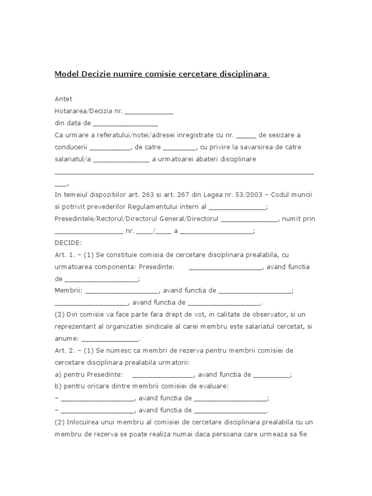 Model decizie numire comisie cercetare disciplinara