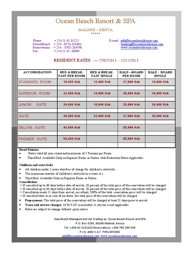 Ocean Beach Resort Rates | PDF