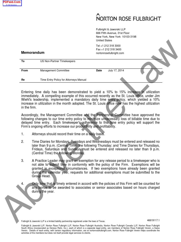 Time Entry Policy for Attorneys | PDF | Limited Liability Partnership | Law