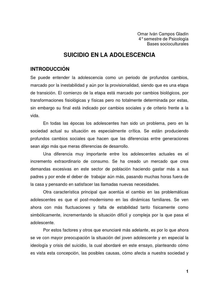 Suicidio en La Adolescencia | PDF | Suicidio | Adolescencia