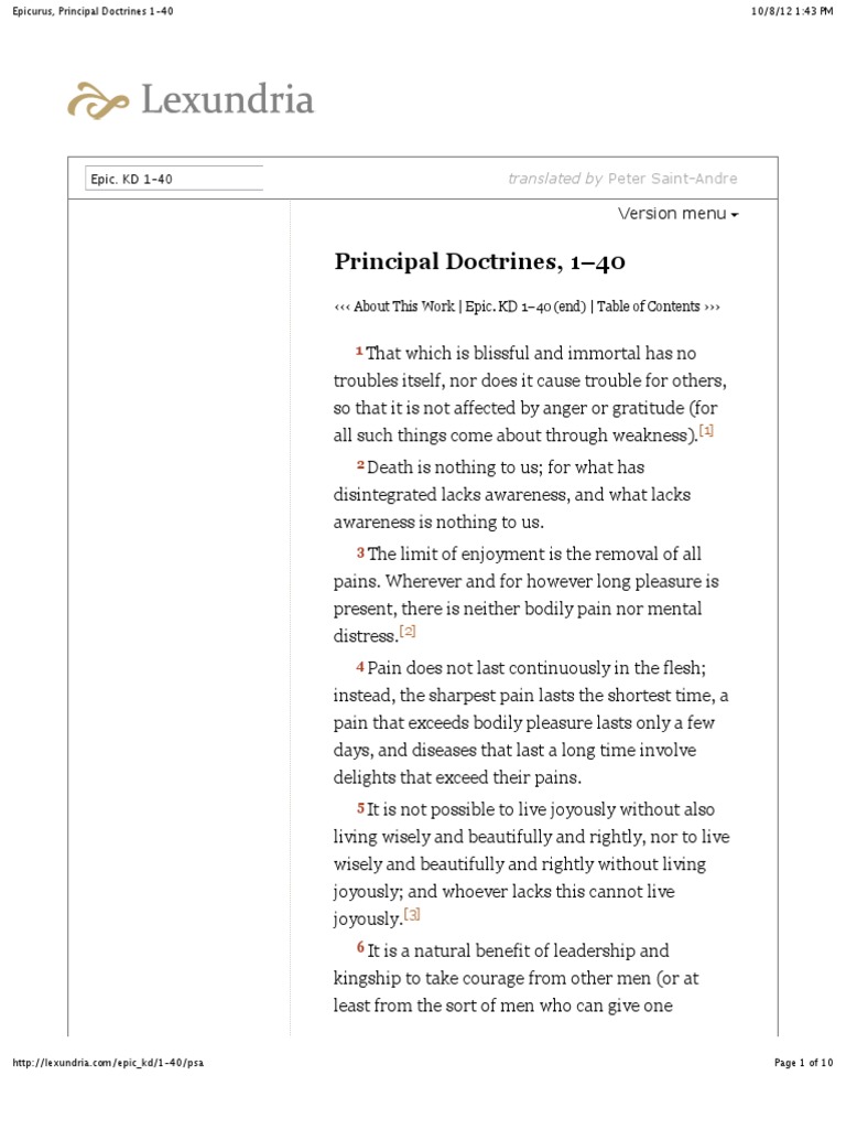 Epicurus' Principal Doctrines Explained | PDF | Translations | Pleasure