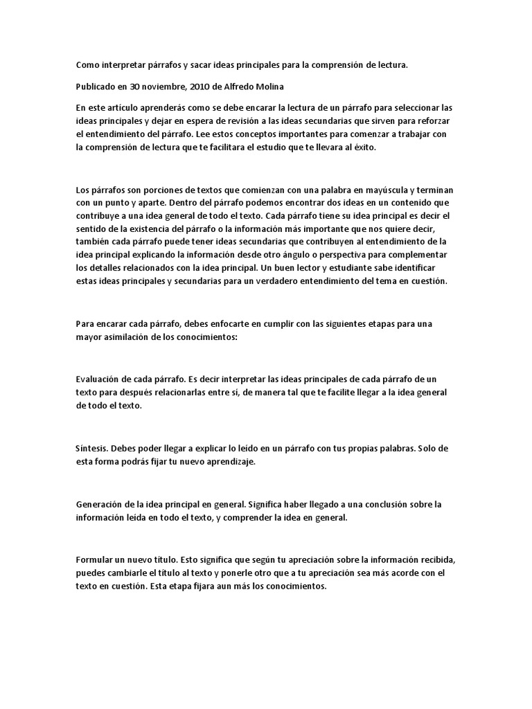 Como Interpretar Párrafos y Sacar Ideas Principales para La Comprensión de Lectura PDF