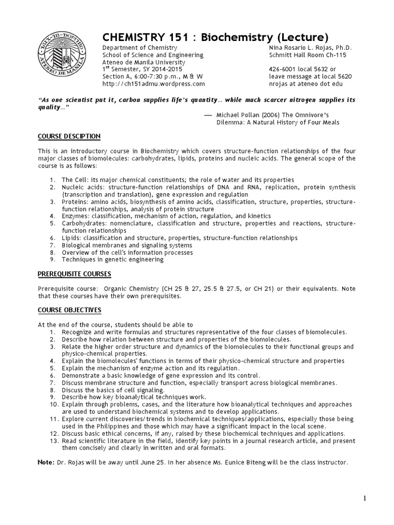 CH 151 - Syllabus - 1st Sem 2014-2015 | PDF | Proteins | Nucleic Acids
