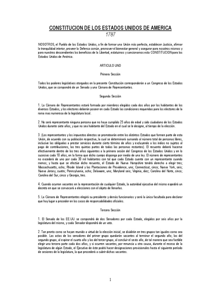 Constitución de Los Estados Unidos de América 1787 | PDF | Presidentes ...