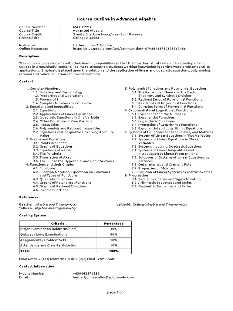 Course Outline Math 221C Advanced Algebra Algebra Linear Algebra
