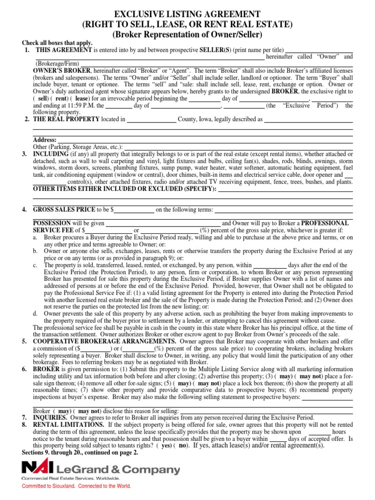 Exclusive Listing Agreement PDF Lease Real Estate Broker