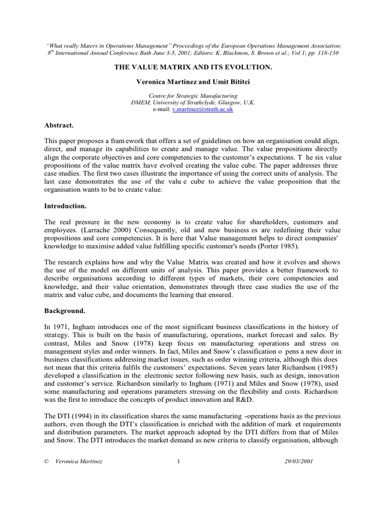 The Value Matrix and Its Evolution | PDF | Strategic Management ...