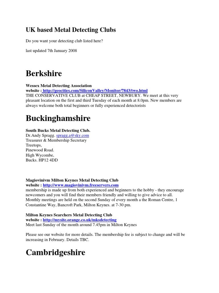 UK Based Metal Detecting Clubs PDF Kent Archaeology