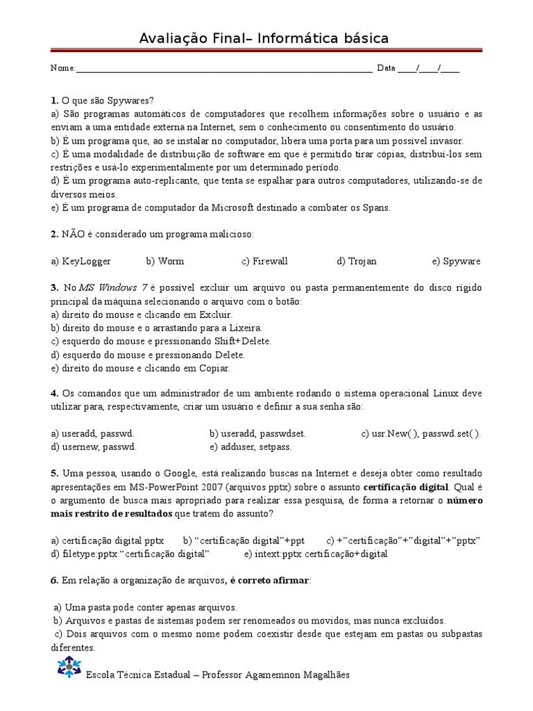 Prova Final Informatica Basica | PDF | Áreas de Ciência da Computação ...
