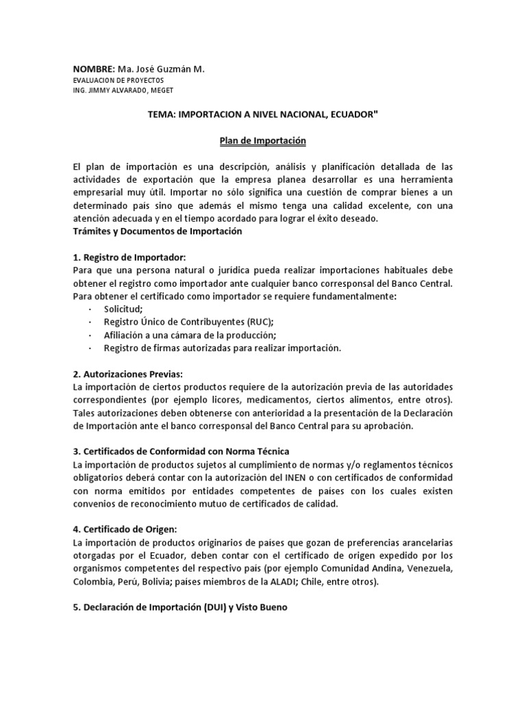 Plan De Importacion Arancel Aduana