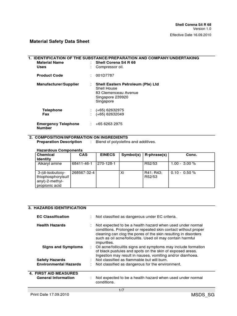 MSDS Shell Corena D Screw Air Compressor Oil PDF Personal , 58 OFF