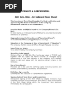 Private & Confidential ABC Sdn. Bhd. - Investment Term Sheet