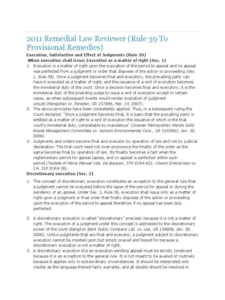2011 Remedial Law: Execution of Judgments | PDF | Garnishment ...