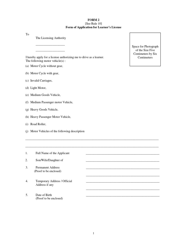 Form 2 Form of Application for Learner’s License Vehicles Driver's